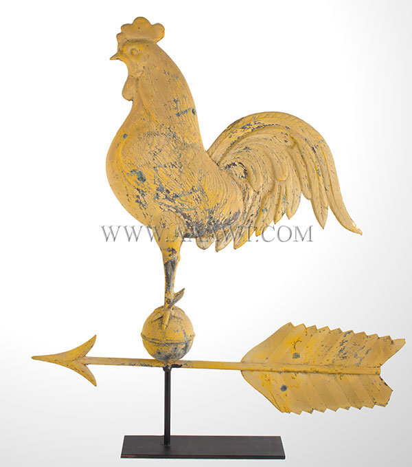 Antique Weathervane, Rooster on Orb and Arrow, Late 19th Century, Mustard Surface, facing left view
